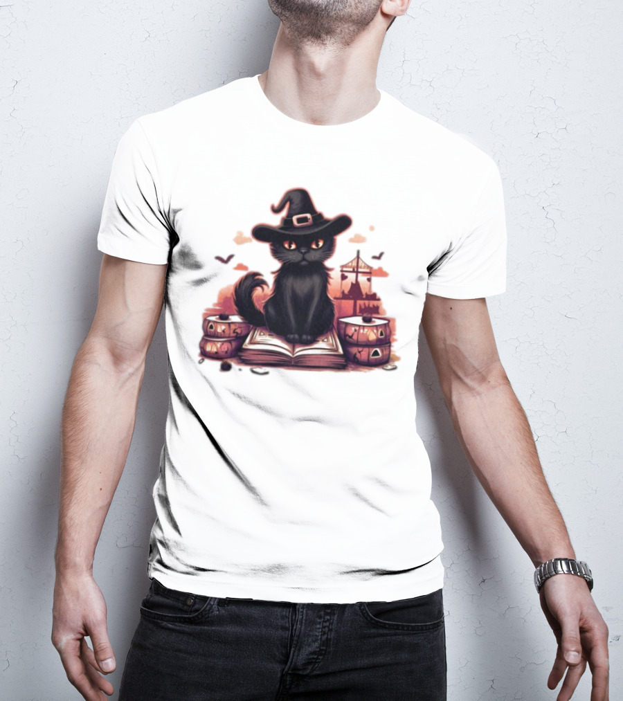 Cat Magic Halloween Witch Hat Pumpkins And Spellbook T-Shirt