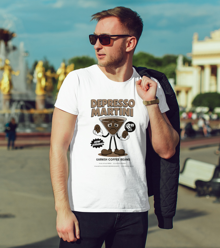 Depresso Martini Garnish Coffee Beans Cartoon Sad Face T-Shirt