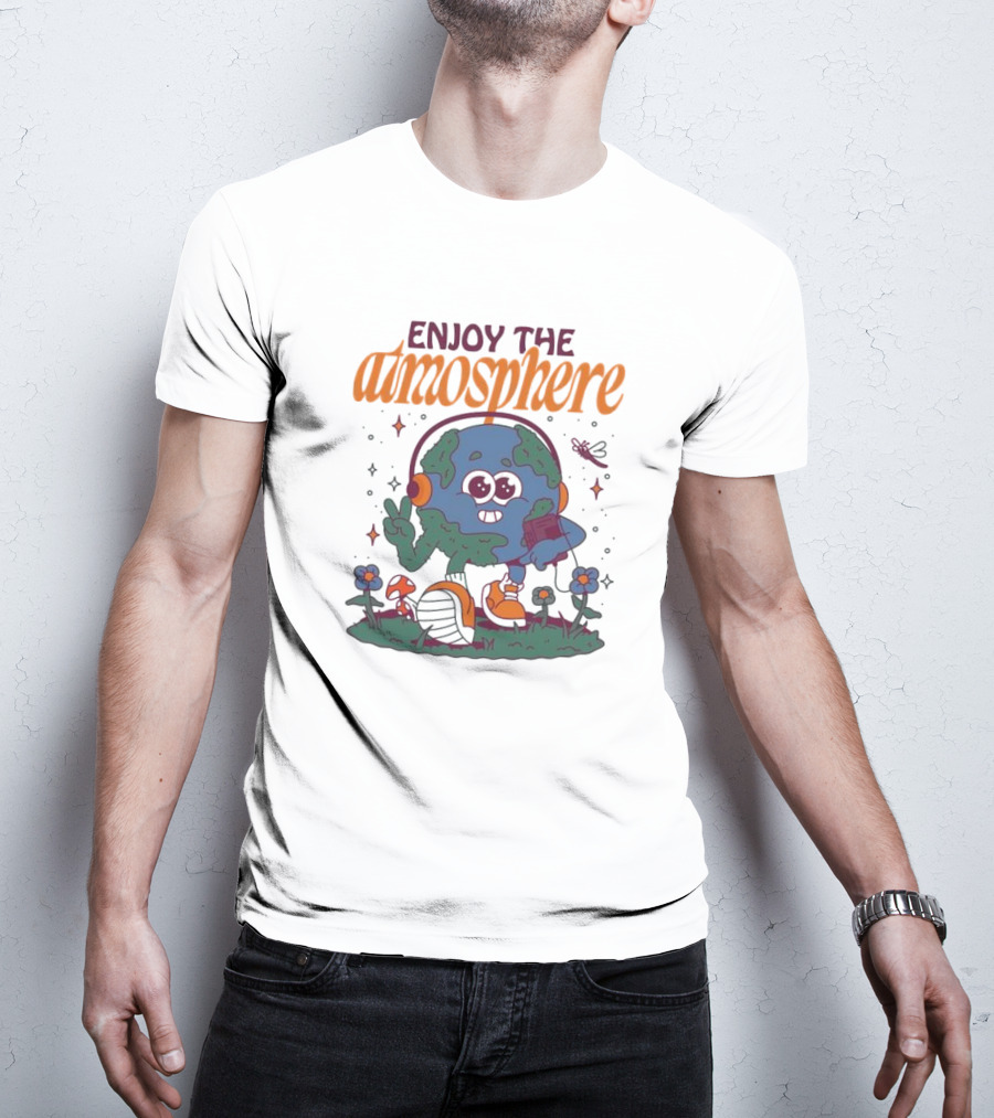Enjoy The Atmosphere Planet Earth Headphones Peace Flowers T-Shirt