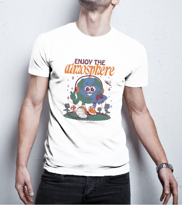 Enjoy The Atmosphere Planet Earth Headphones Peace Flowers T-Shirt