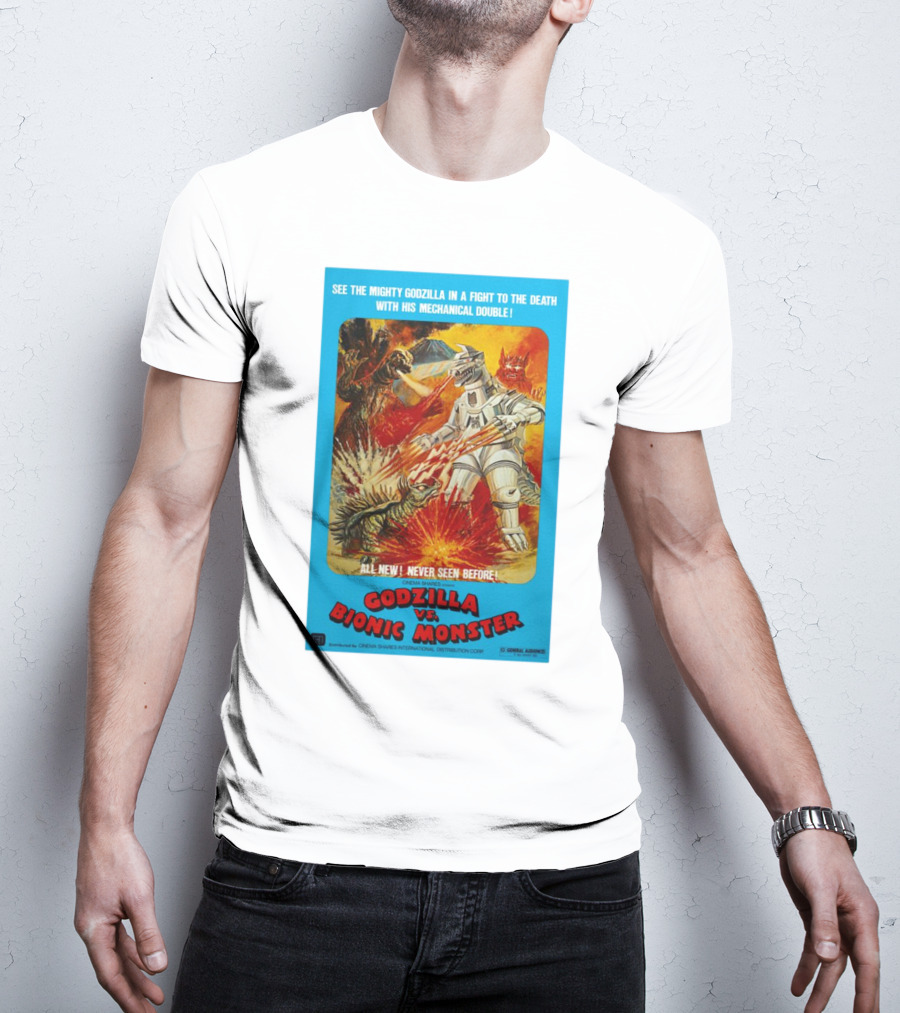 SEE THE MIGHTY GODZILLA IN A FIGHT TO THE DEATH WITH HIS MECHANICAL DOUBLE GODZILLA VS. BIONIC MONSTER CINEMA SHARES INTERNATIONAL T-Shirt