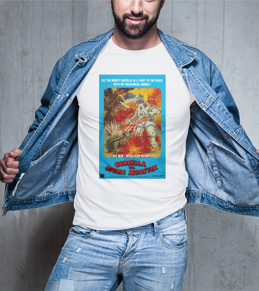 SEE THE MIGHTY GODZILLA IN A FIGHT TO THE DEATH WITH HIS MECHANICAL DOUBLE GODZILLA VS. BIONIC MONSTER CINEMA SHARES INTERNATIONAL T-Shirt