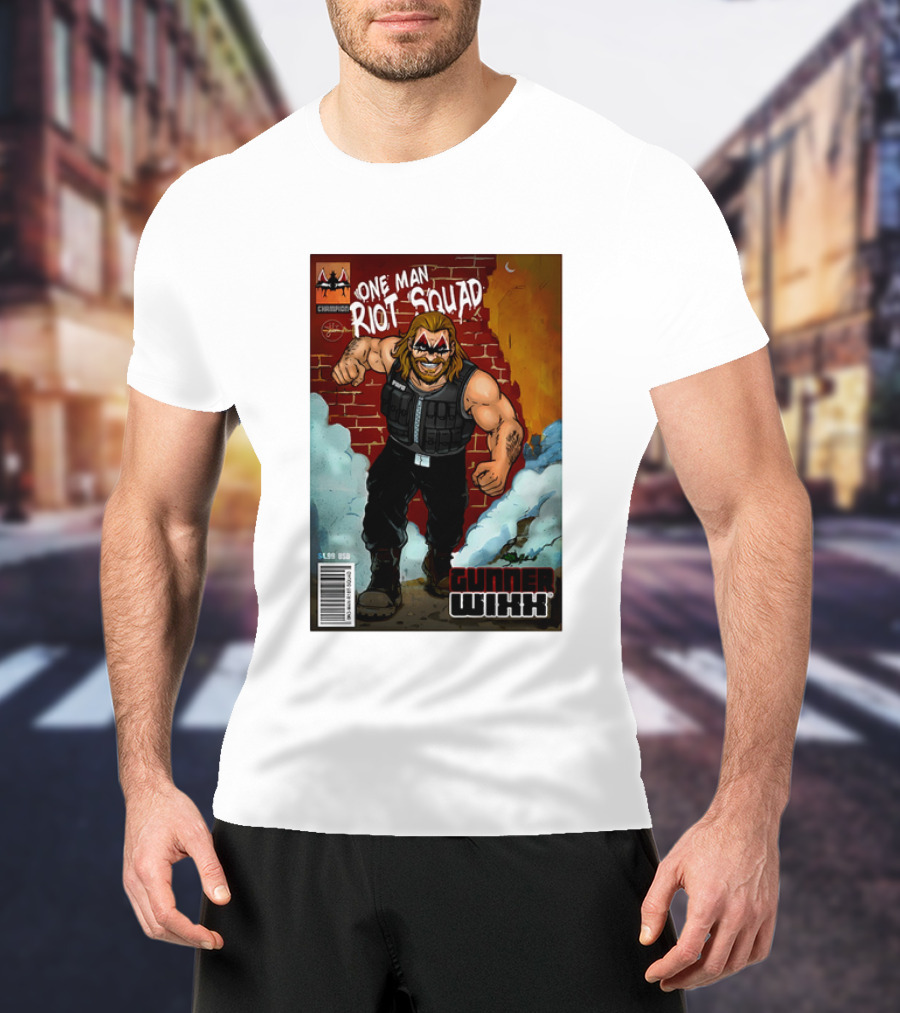 One Man Riot Squad Comic Cover Gunner Wixx Face Paint Featuring Champion Branding T-Shirt