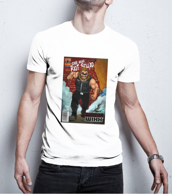One Man Riot Squad Comic Cover Gunner Wixx Face Paint Featuring Champion Branding T-Shirt