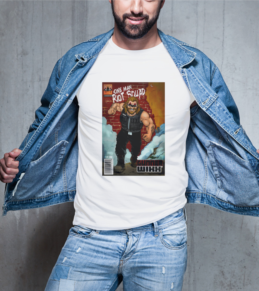 One Man Riot Squad Comic Cover Gunner Wixx Face Paint Featuring Champion Branding T-Shirt