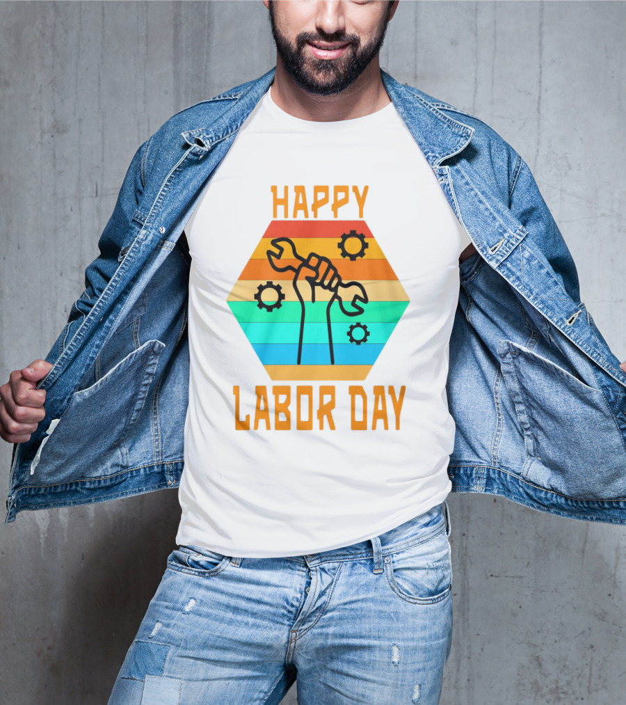 Colorful Wrench Fist Gear Happy Labor Day T-Shirt