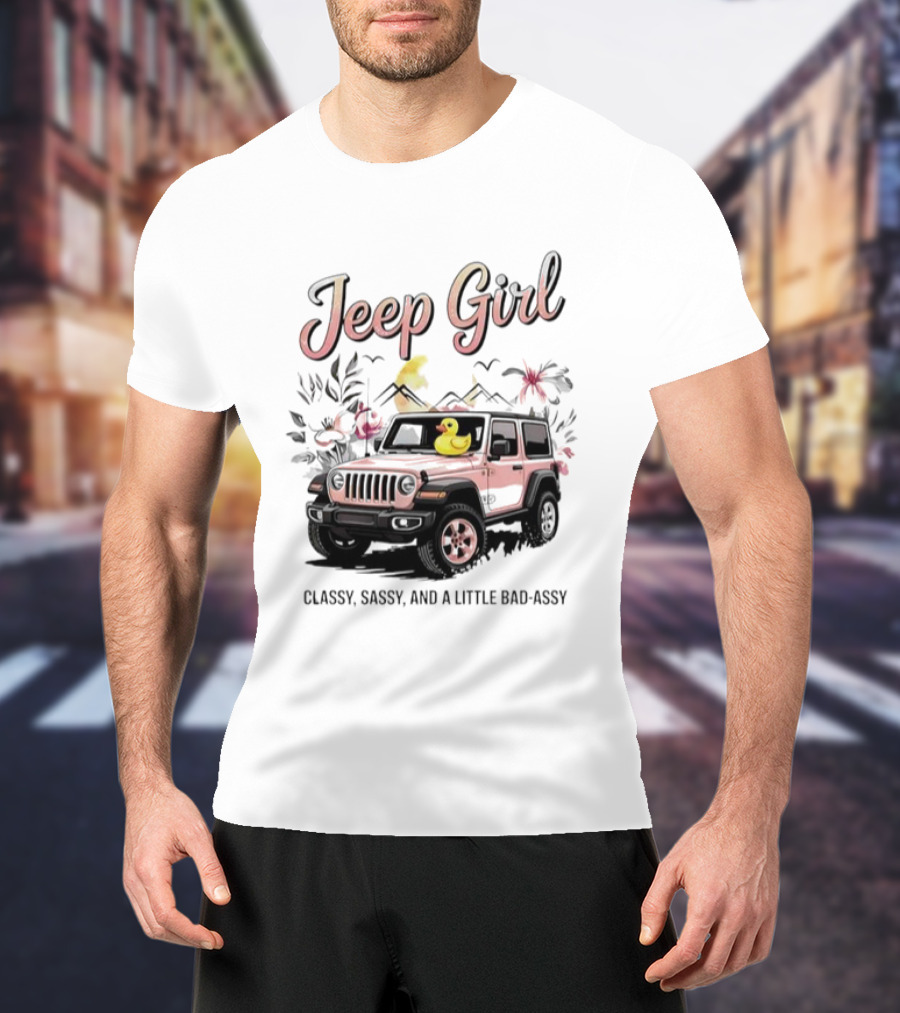 Jeep Girl Classy Sassy And Little Bad-Assy Pink Jeep Rubber Duck Floral Bunnies T-Shirt