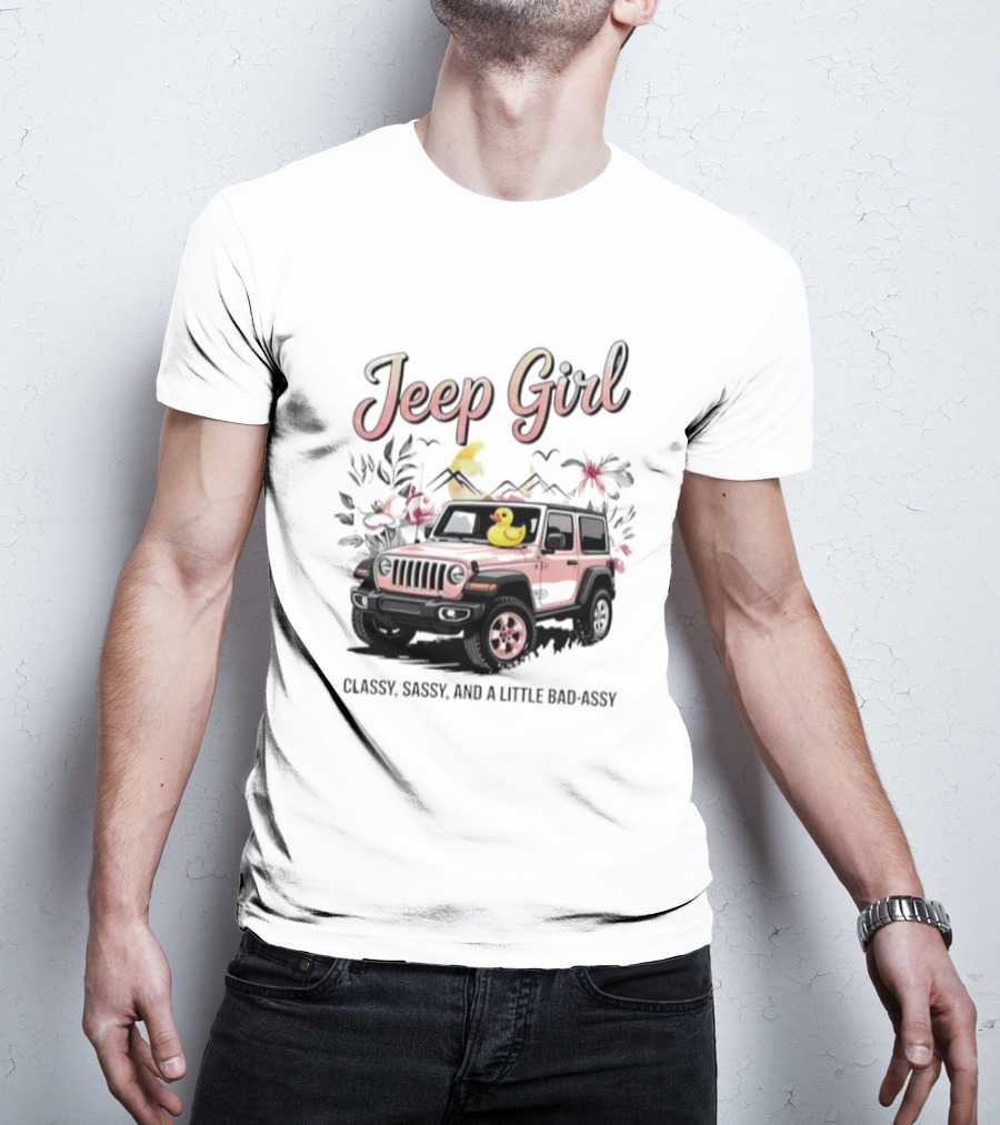 Jeep Girl Classy Sassy And Little Bad-Assy Pink Jeep Rubber Duck Floral Bunnies T-Shirt