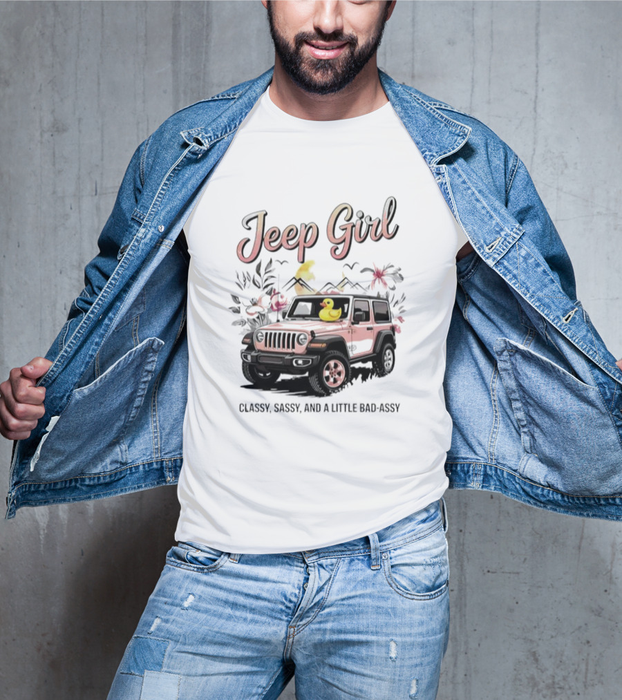 Jeep Girl Classy Sassy And Little Bad-Assy Pink Jeep Rubber Duck Floral Bunnies T-Shirt