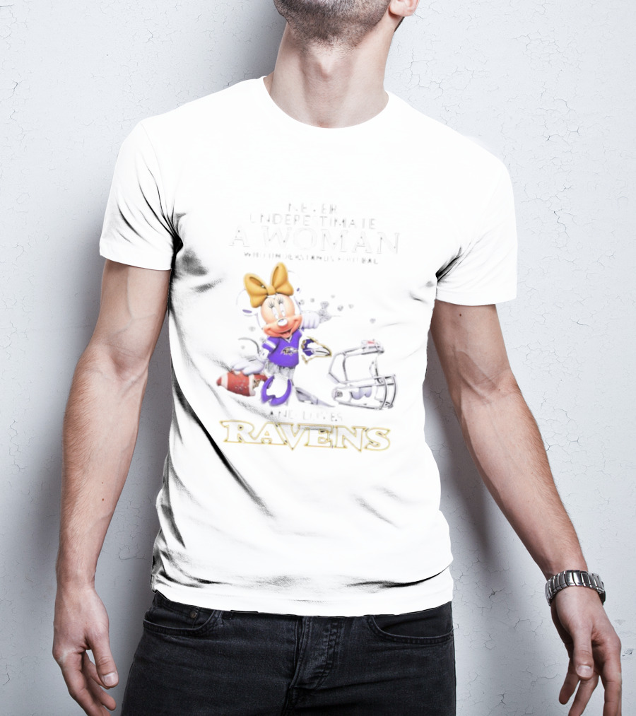 Never Underestimate A Woman Who Understands Football And Loves Ravens Disney Minnie T-Shirt