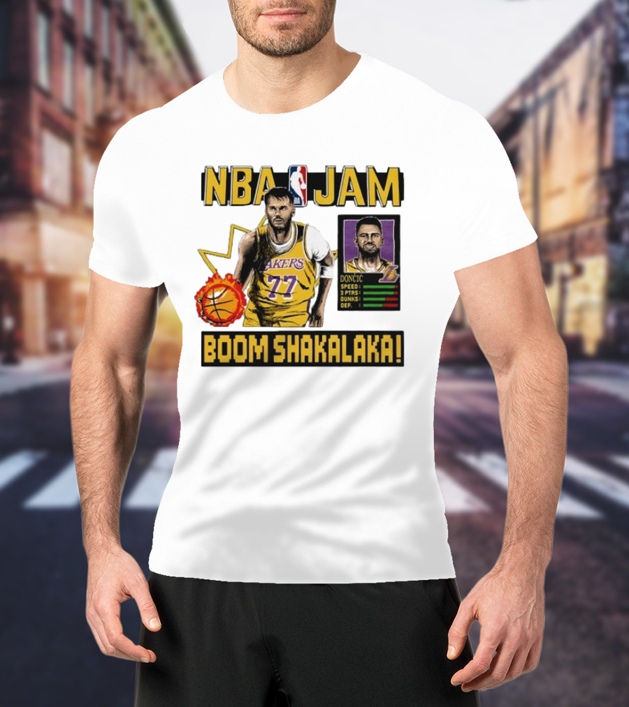 Luka Dončić NBA Jam Los Angeles Lakers Boom Shakalaka 77 T-Shirt