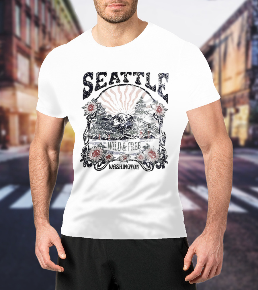 Seattle Washington Wild And Free Sunrise Trees Flowers T-Shirt