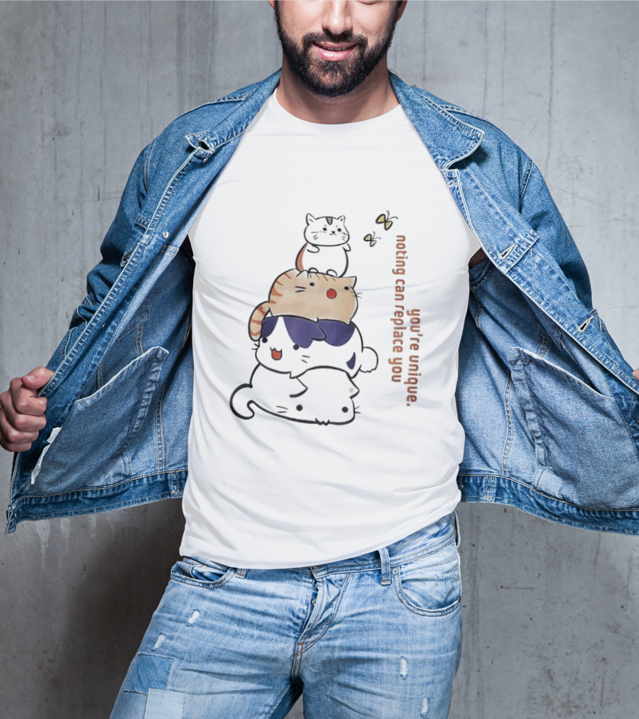You’re Unique Nothing Can Replace You Kawaii Cat Stack Illustration T-Shirt