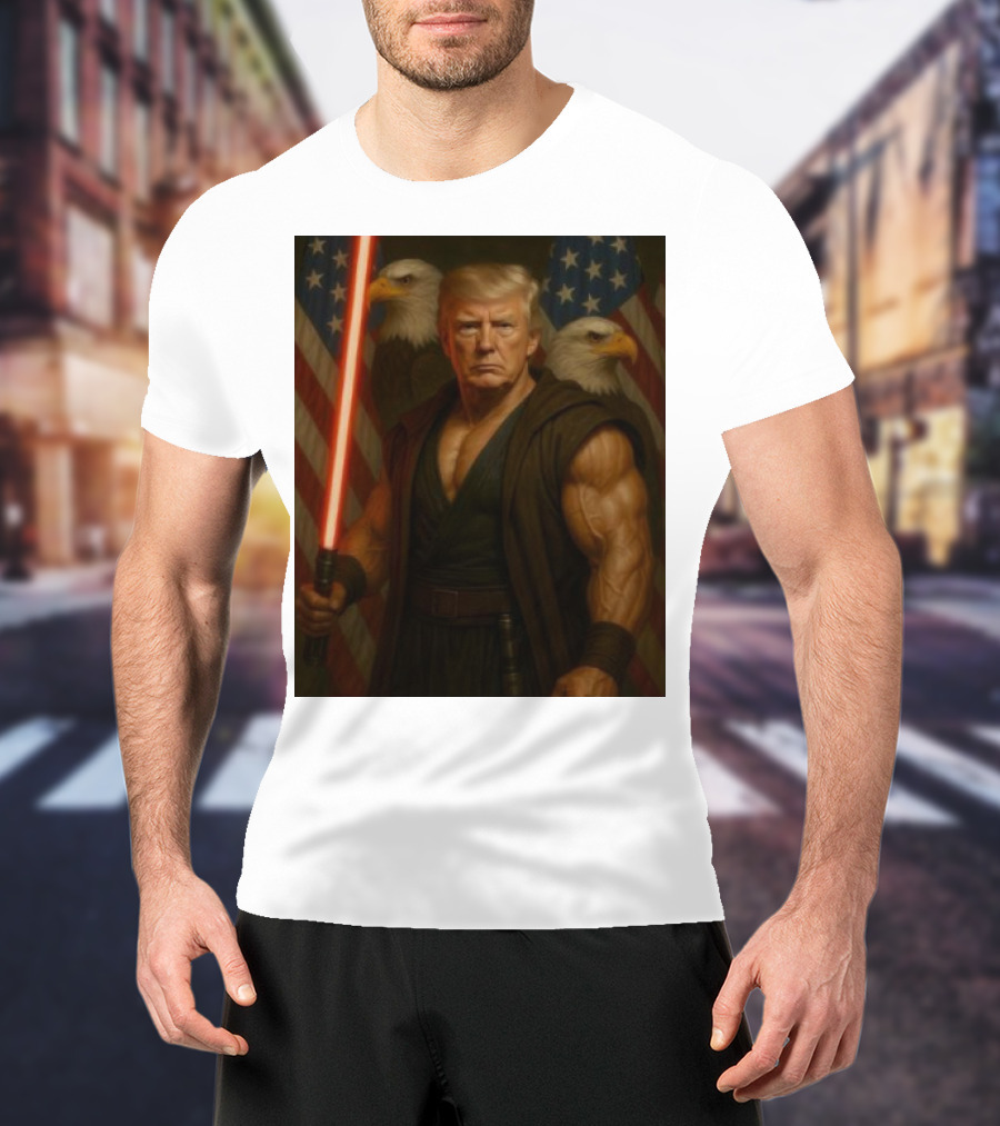 Trump Jedi Warrior With Lightsaber And Eagles In Front Of American Flags T-Shirt