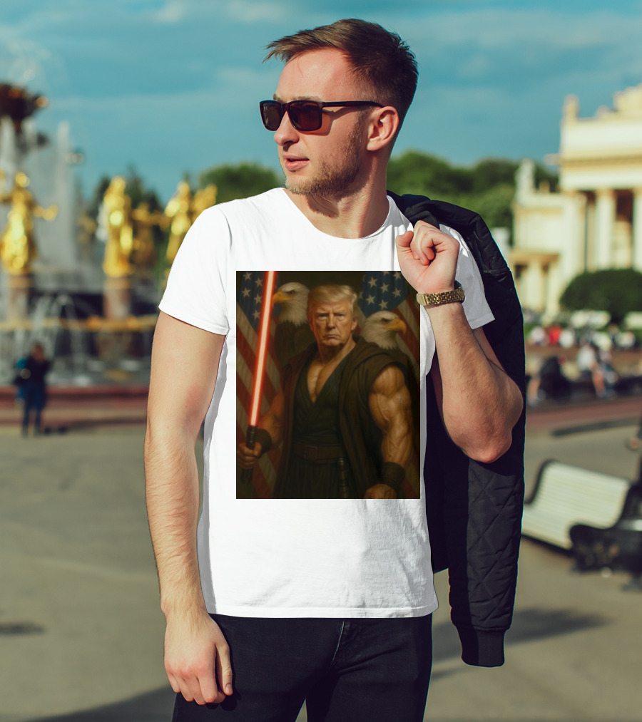 Trump Jedi Warrior With Lightsaber And Eagles In Front Of American Flags T-Shirt