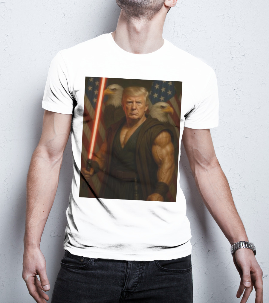 Trump Jedi Warrior With Lightsaber And Eagles In Front Of American Flags T-Shirt