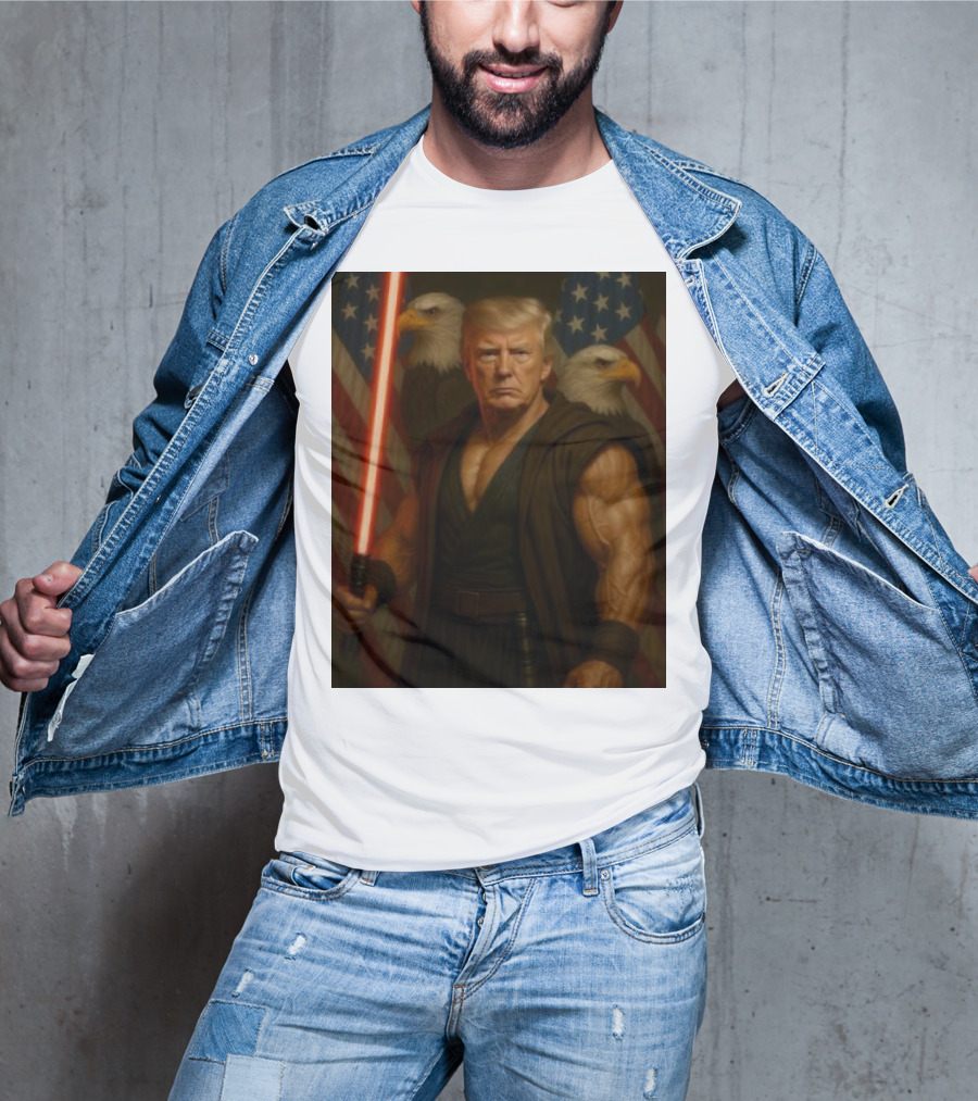 Trump Jedi Warrior With Lightsaber And Eagles In Front Of American Flags T-Shirt