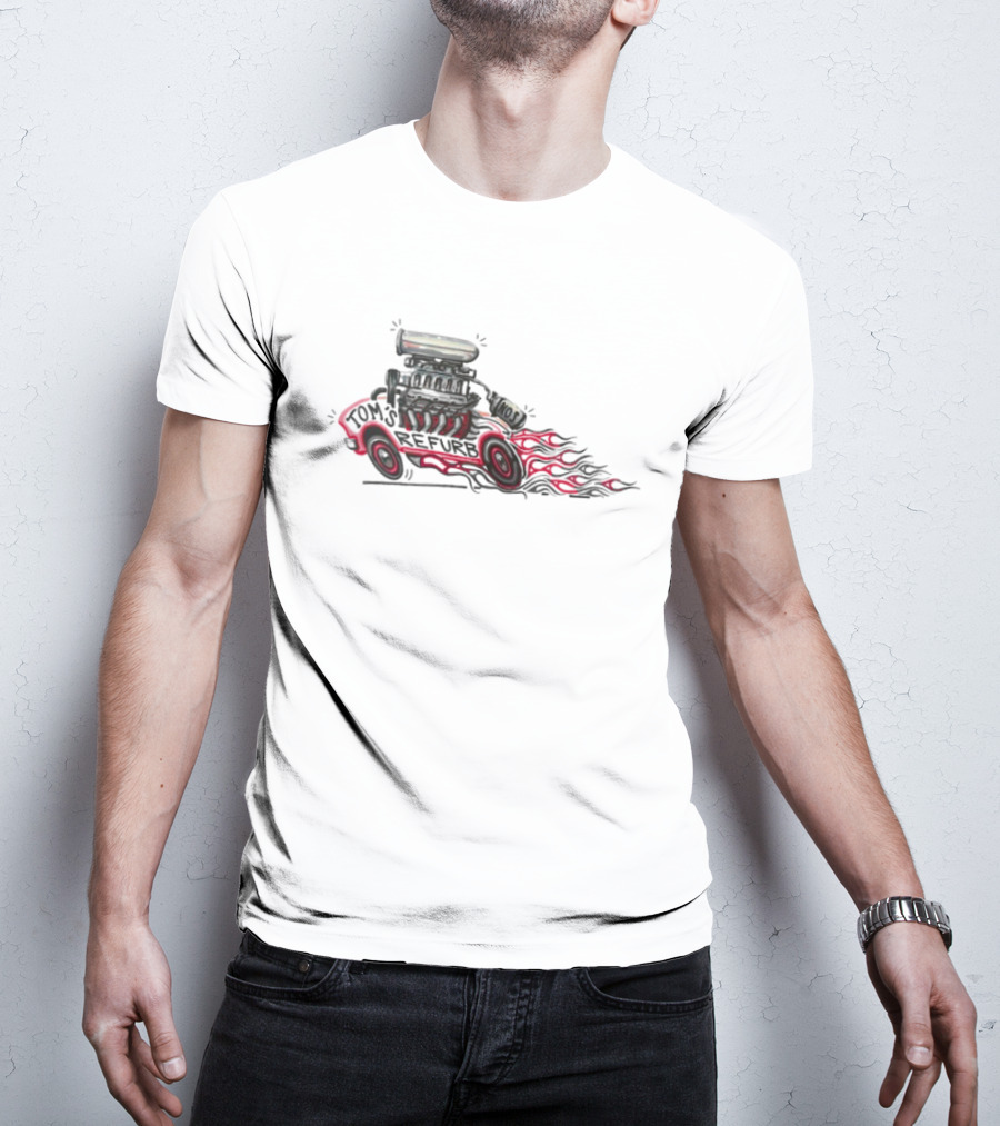 Tom’s Refurb Hot Rod Car Illustration Flames And Engine Art T-Shirt