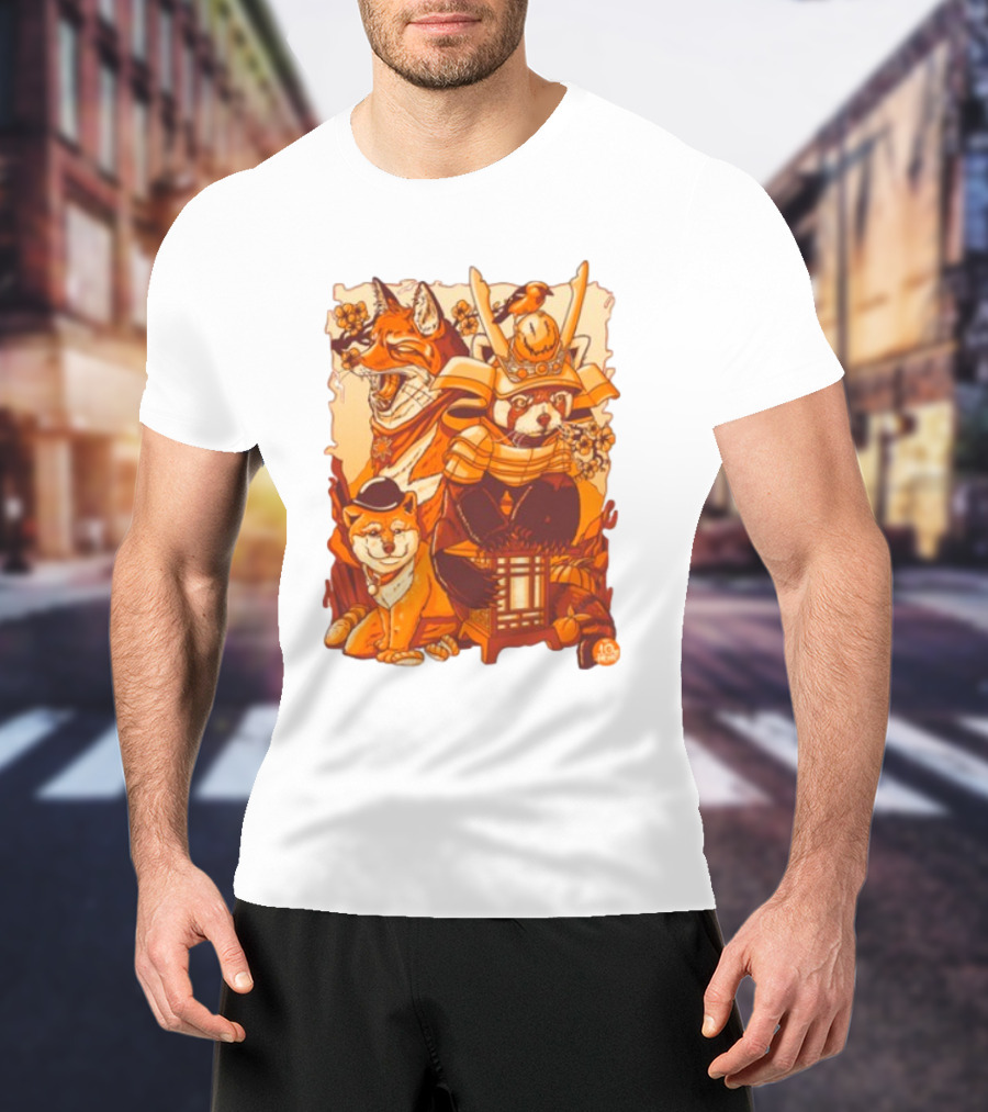 Tenhun Orange Fuzz Fox And Samurai Red Panda With Lantern T-Shirt