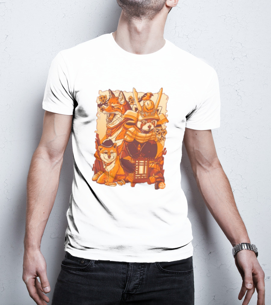 Tenhun Orange Fuzz Fox And Samurai Red Panda With Lantern T-Shirt