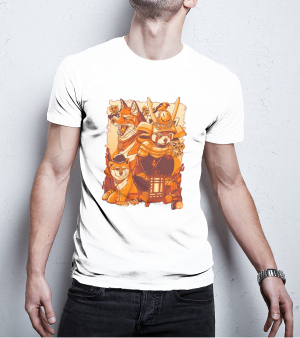 Tenhun Orange Fuzz Fox And Samurai Red Panda With Lantern T-Shirt