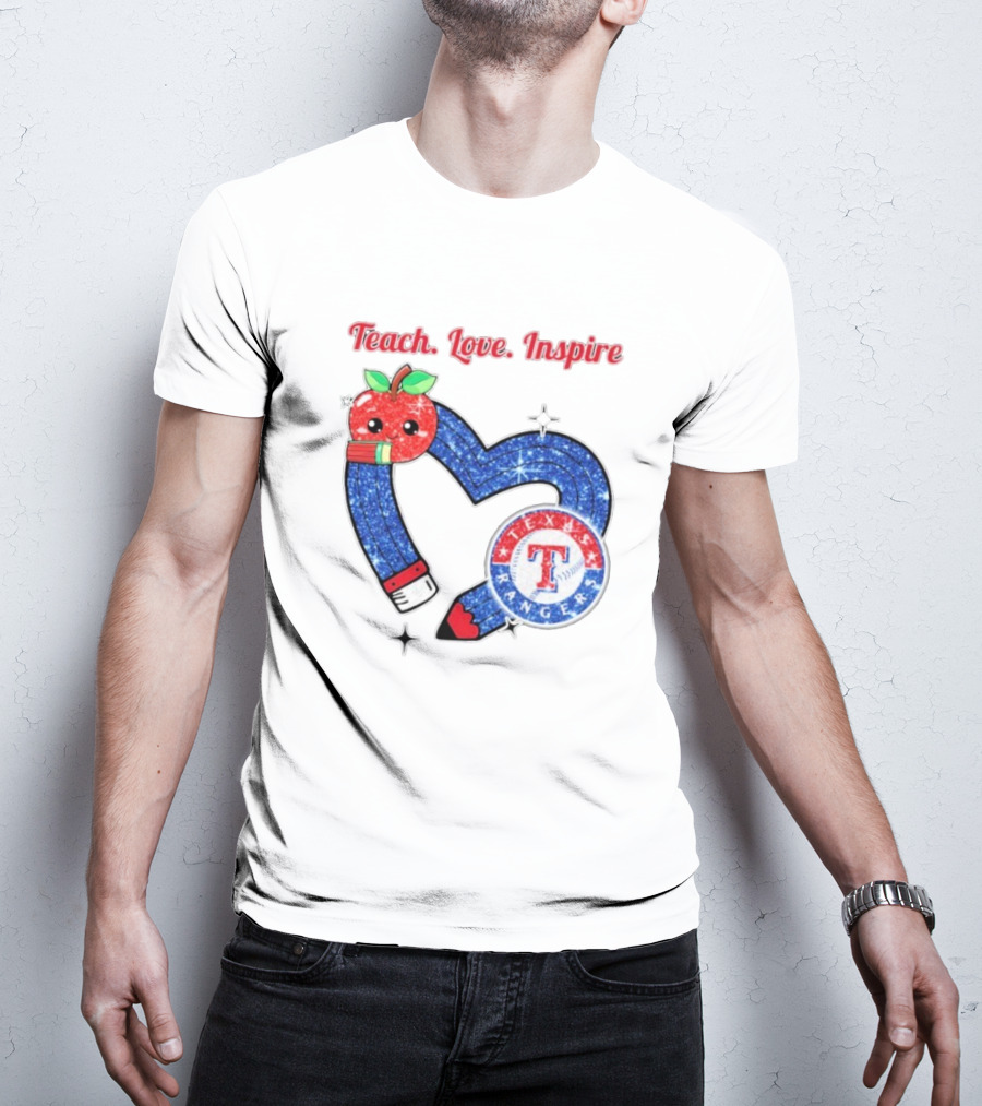 Texas Rangers Sparkling Heart Apple Pencil Teach Love Inspire T-Shirt