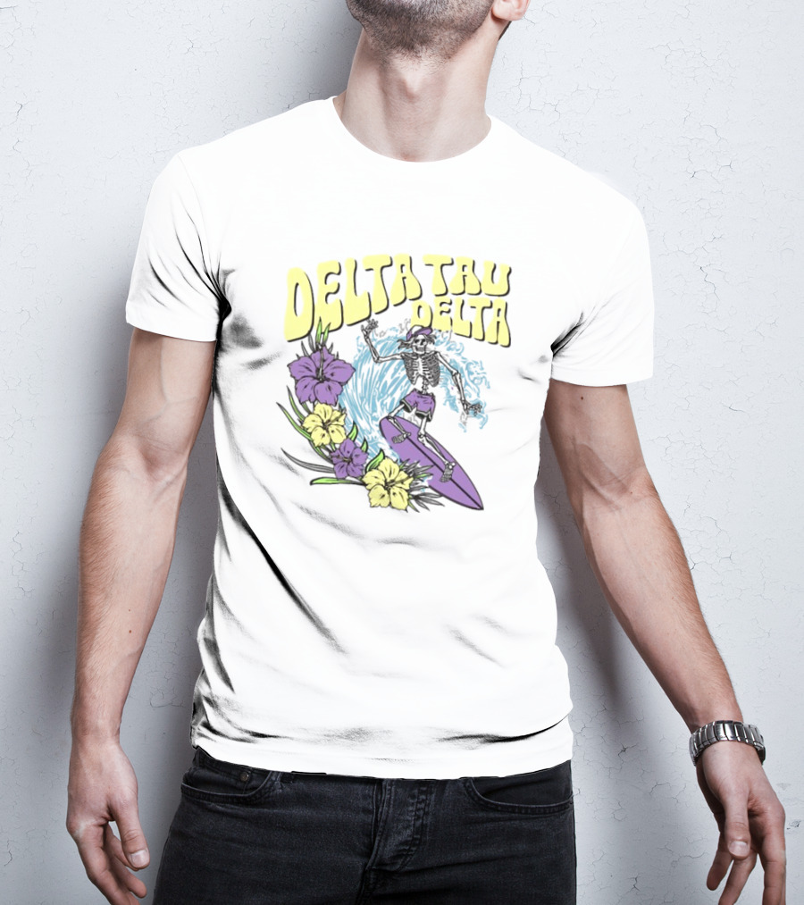 Delta Tau Delta Ride The Wave Skeleton Surfing With Floral Accents T-Shirt