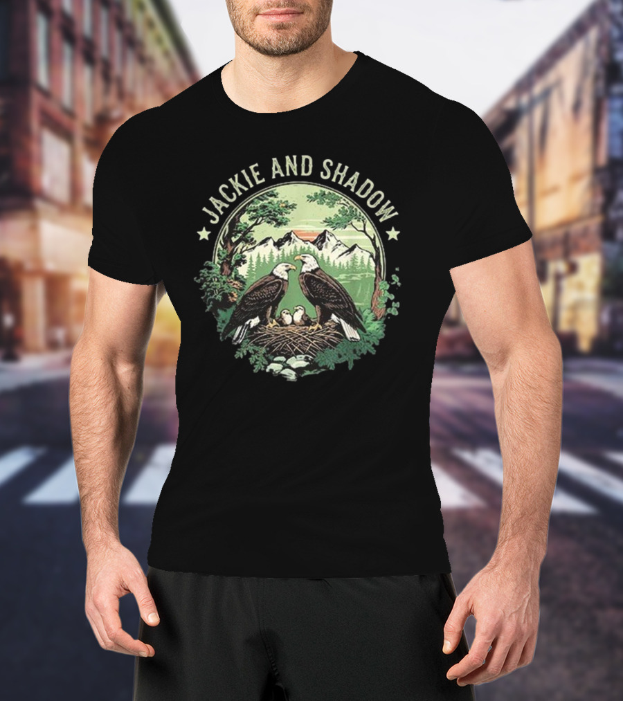 Jackie And Shadow Bald Eagle Family Nesting Scene With Mountain And Forest Background T-Shirt