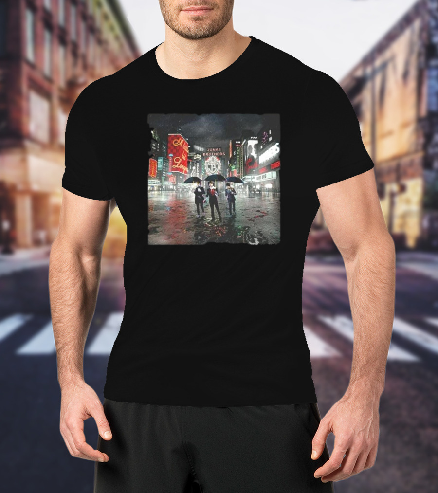 Jonas Brothers A Little Bit Longer Album Cover NYC Neon Rain Scene T-Shirt