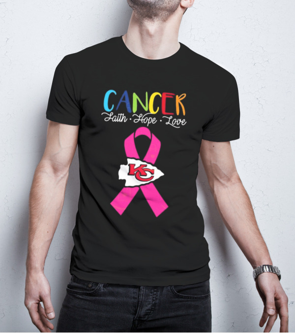 Kansas City Chiefs Pink Ribbon Cancer Faith Hope Love 2025 T-Shirt