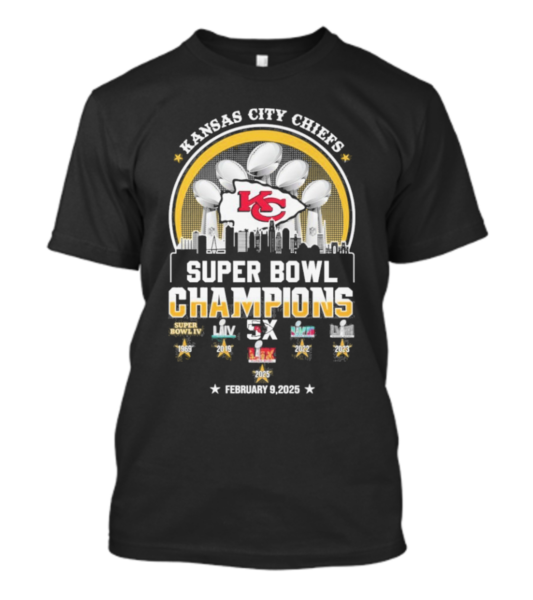 Kansas City Chiefs 5X Super Bowl Champions February 9 2023 Skyline Lombardi Trophies T-Shirt