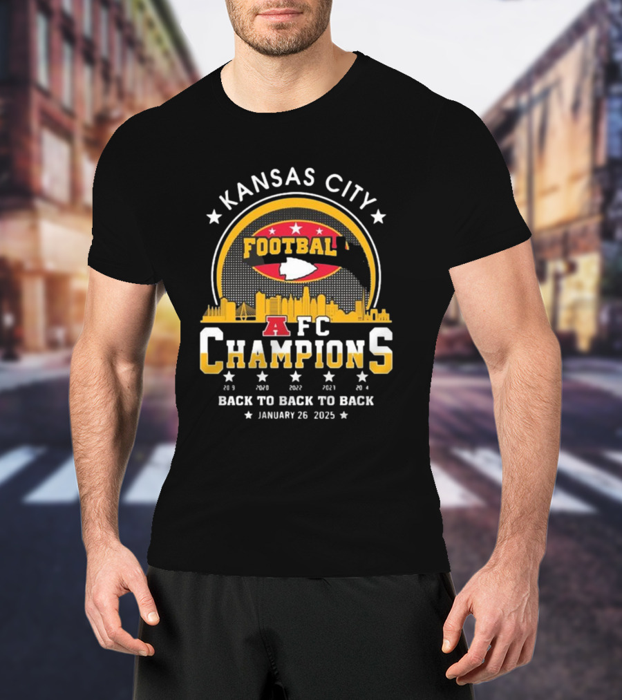 Kansas City Football AFC Champions Back To Back To Back Skyline January 28 2024 T-Shirt