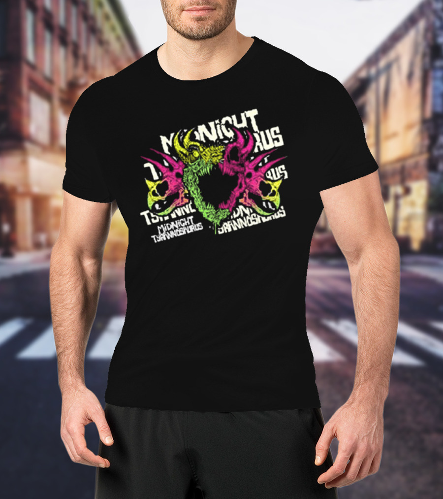KT8 Midnight Tyrannosaurus Neon Pink Green Skull Illustration T-Shirt