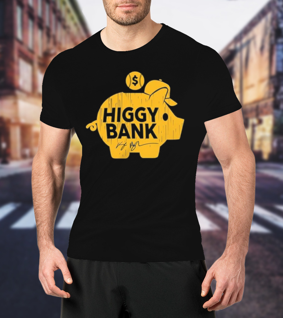 Higgy Bank Piggy Bank Graphic Baseball Theme With Signature And Dollar Sign T-Shirt