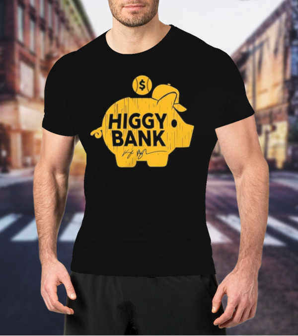 Higgy Bank Piggy Bank Graphic Baseball Theme With Signature And Dollar Sign T-Shirt