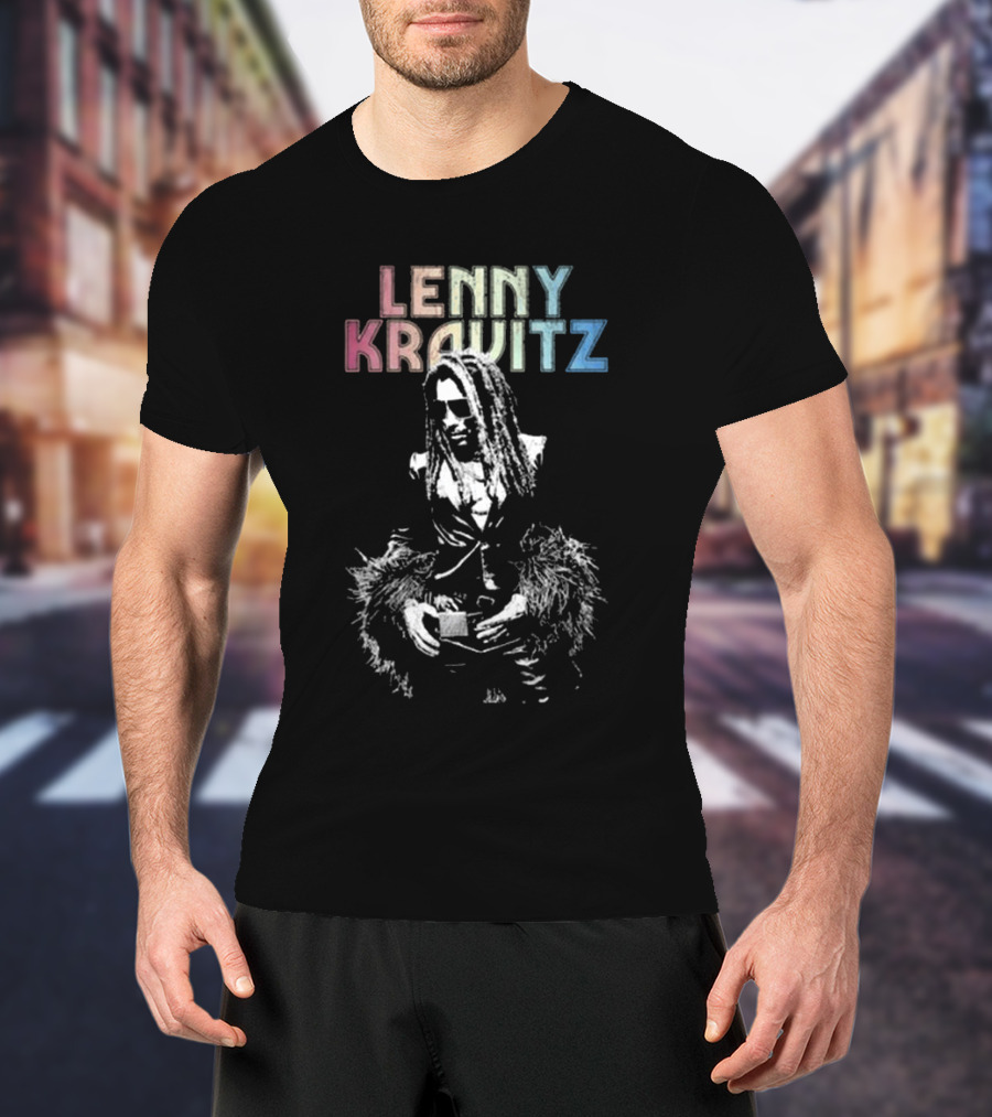 Lenny Kravitz Monochrome Portrait With Rainbow Letters T-Shirt