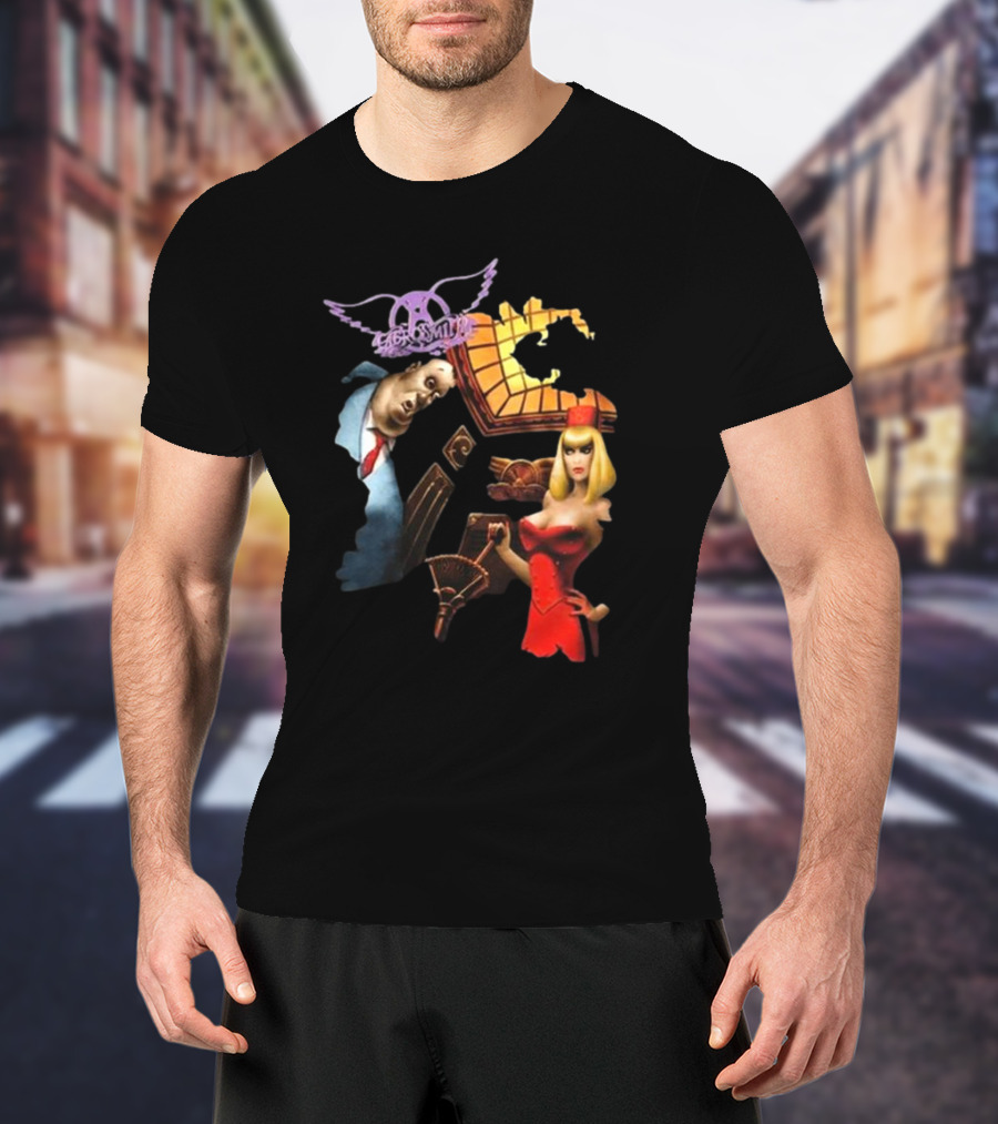 Aerosmith Love In An Elevator Cartoon Artwork With Woman In Red Dress And Man In Suit T-Shirt