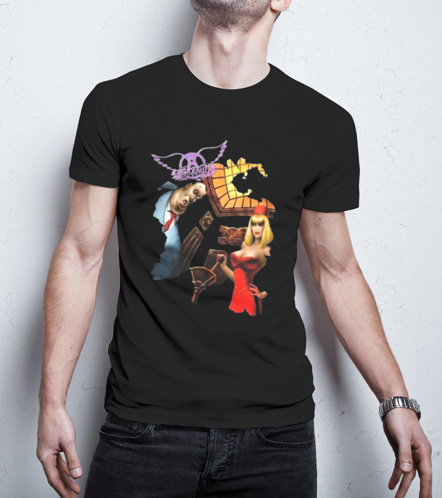 Aerosmith Love In An Elevator Cartoon Artwork With Woman In Red Dress And Man In Suit T-Shirt
