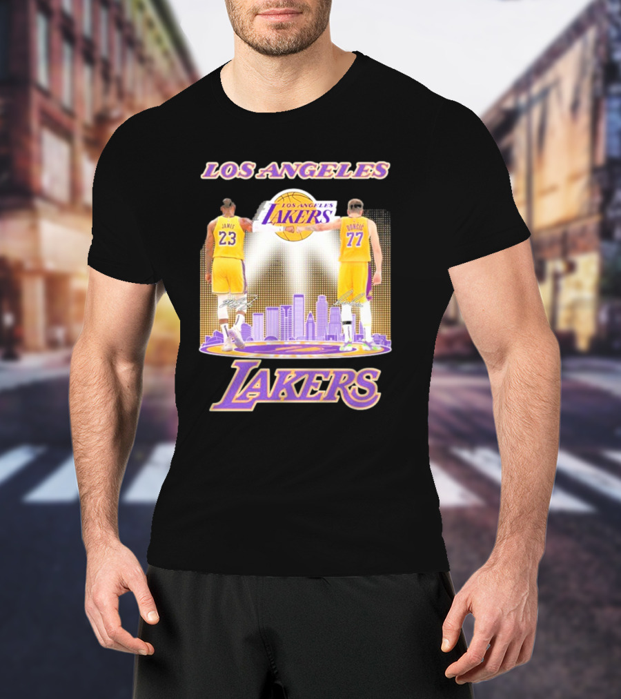 Los Angeles Lakers Luka Doncic Lebron James 23 77 City Skyline T-Shirt