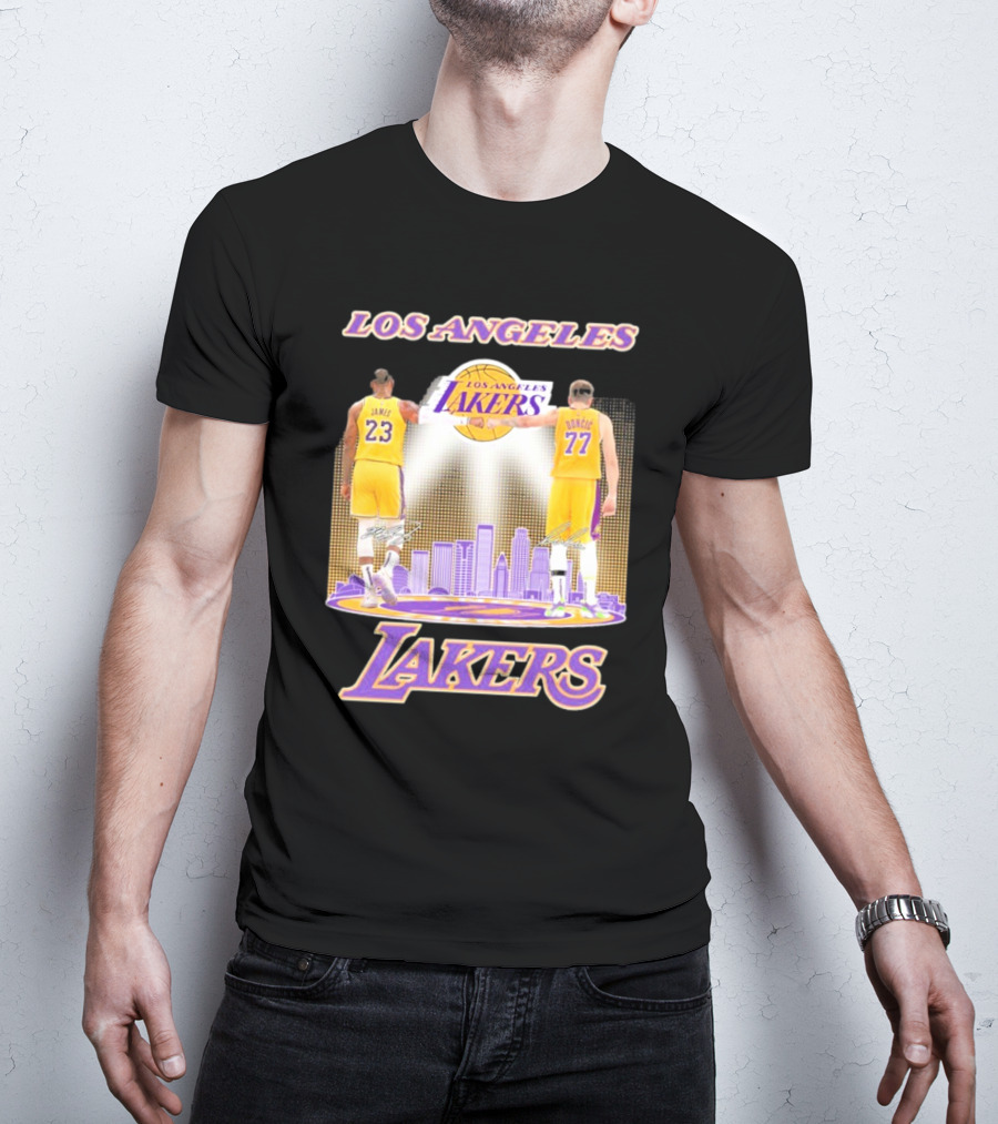 Los Angeles Lakers Luka Doncic Lebron James 23 77 City Skyline T-Shirt