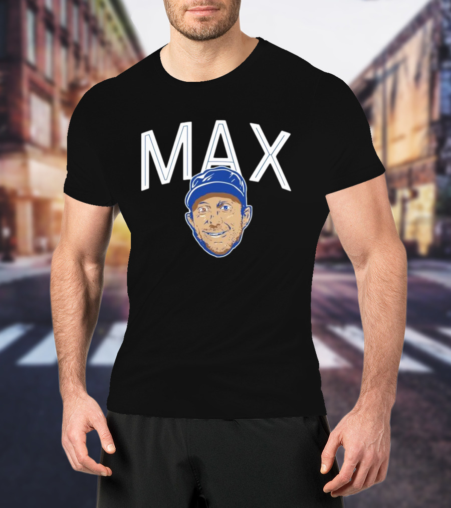 MAX Scherzer Blue Cap Smiling Face Illustration T-Shirt