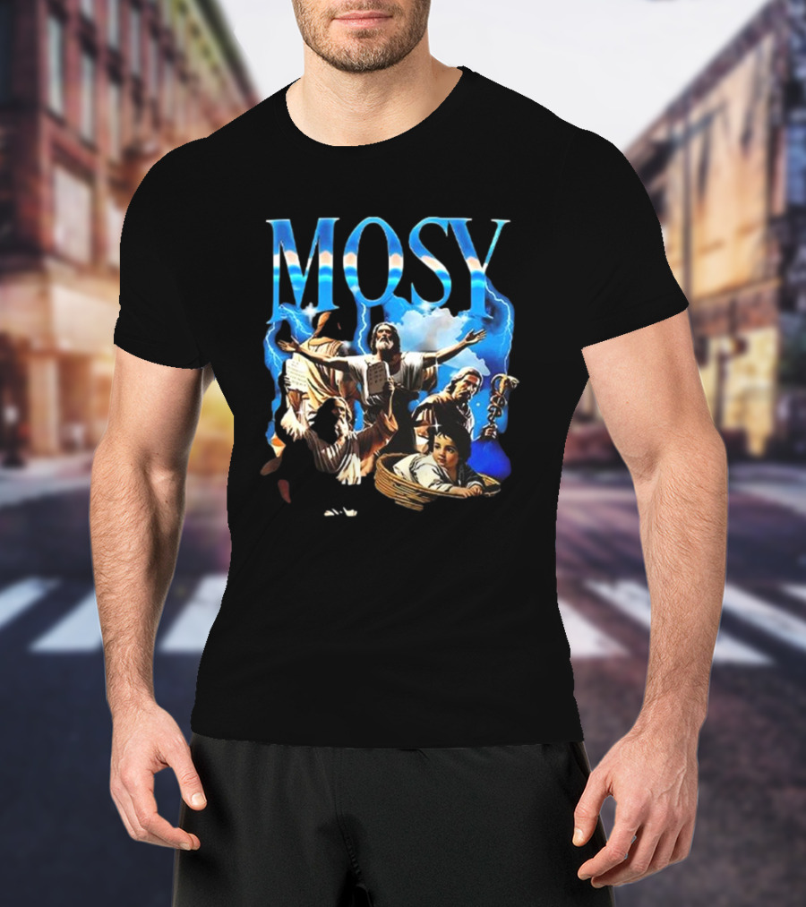 Mosy Moses Biblical Imagery With Lightning Clouds And Figures T-Shirt