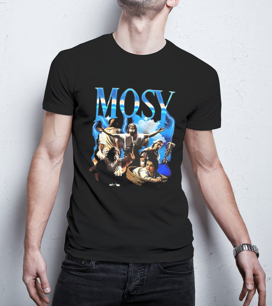 Mosy Moses Biblical Imagery With Lightning Clouds And Figures T-Shirt