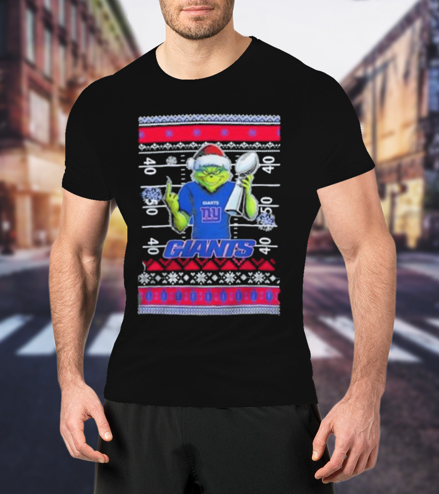 New York Giants Grinch Christmas With Lombardi Trophy Ugly Sweater T-Shirt