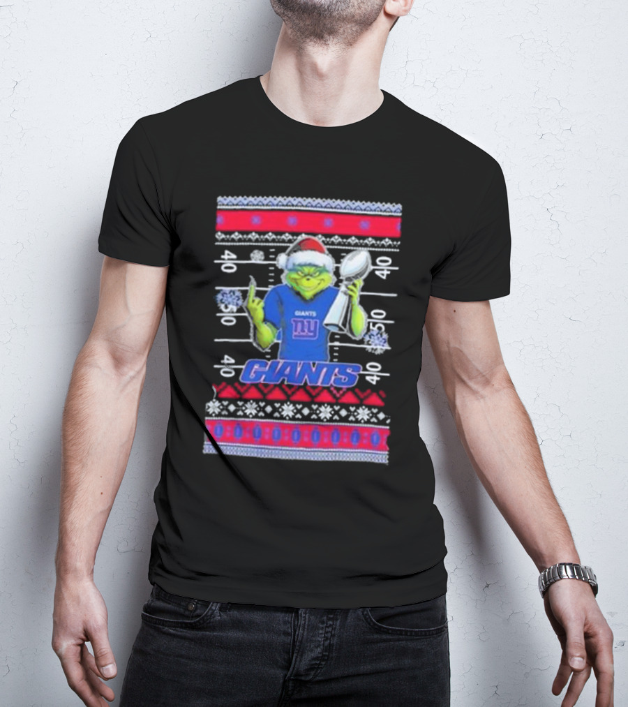 New York Giants Grinch Christmas With Lombardi Trophy Ugly Sweater T-Shirt