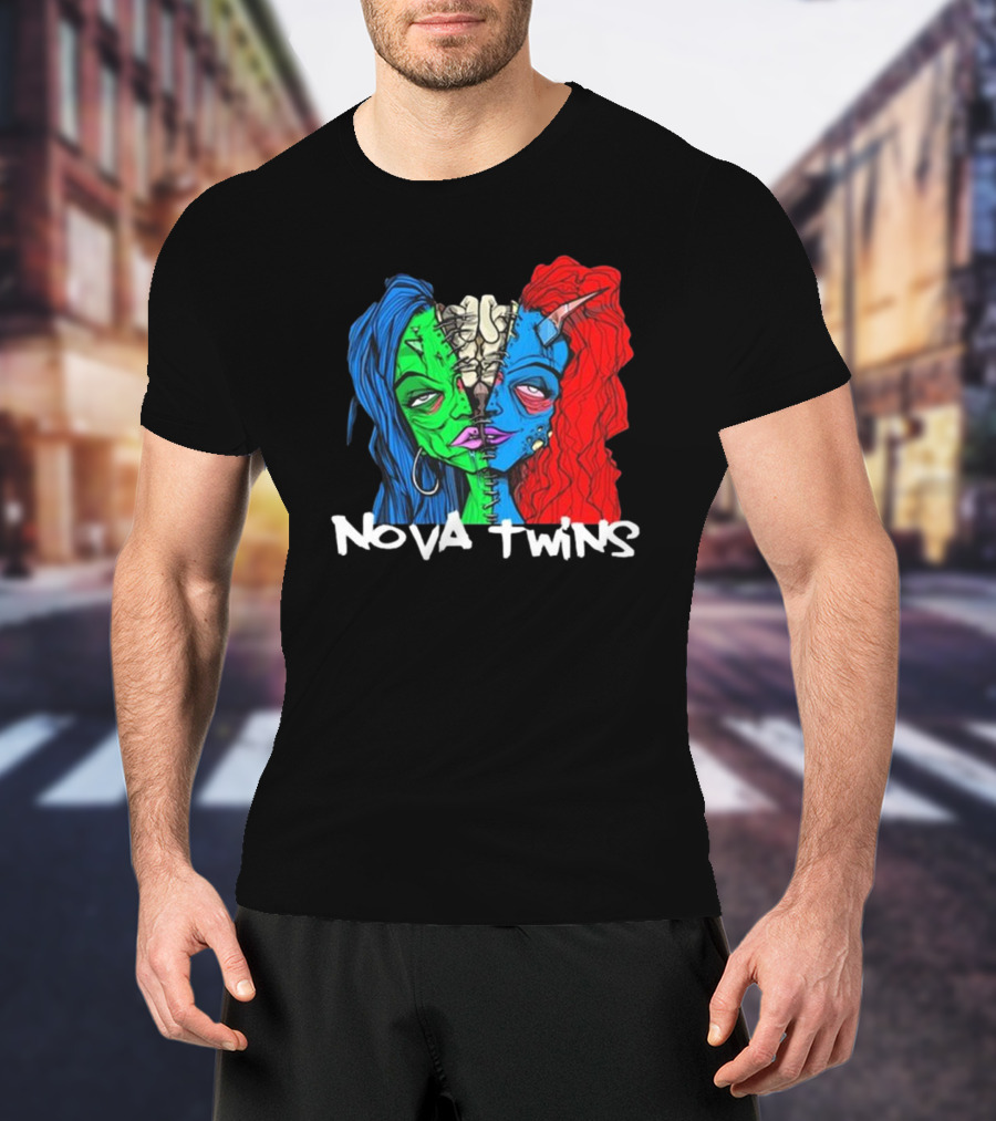 Nova Twins Monster Head Blue Green Red Hair Two-Faced Artwork T-Shirt