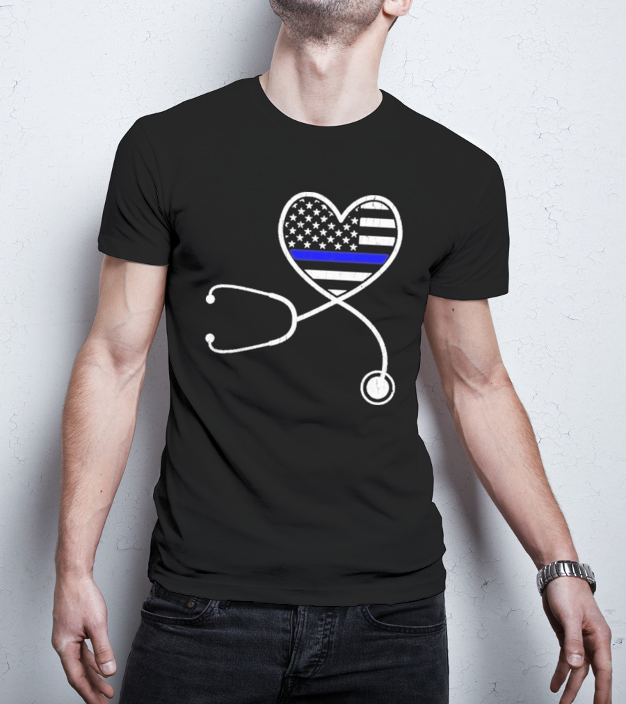 Nurse Life Police Wife American Flag Heart Stethoscope Blue Line T-Shirt