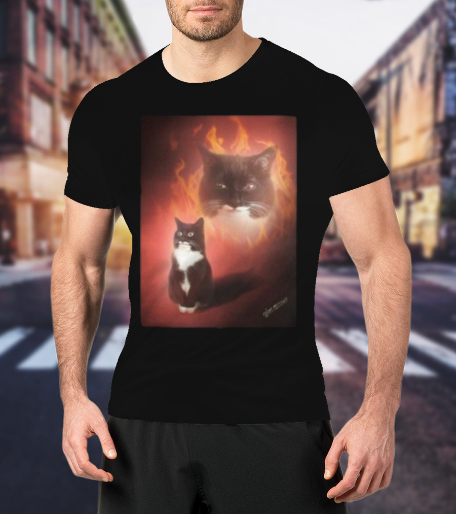 Olan Meows Black And White Cat Flames Retro Theme T-Shirt