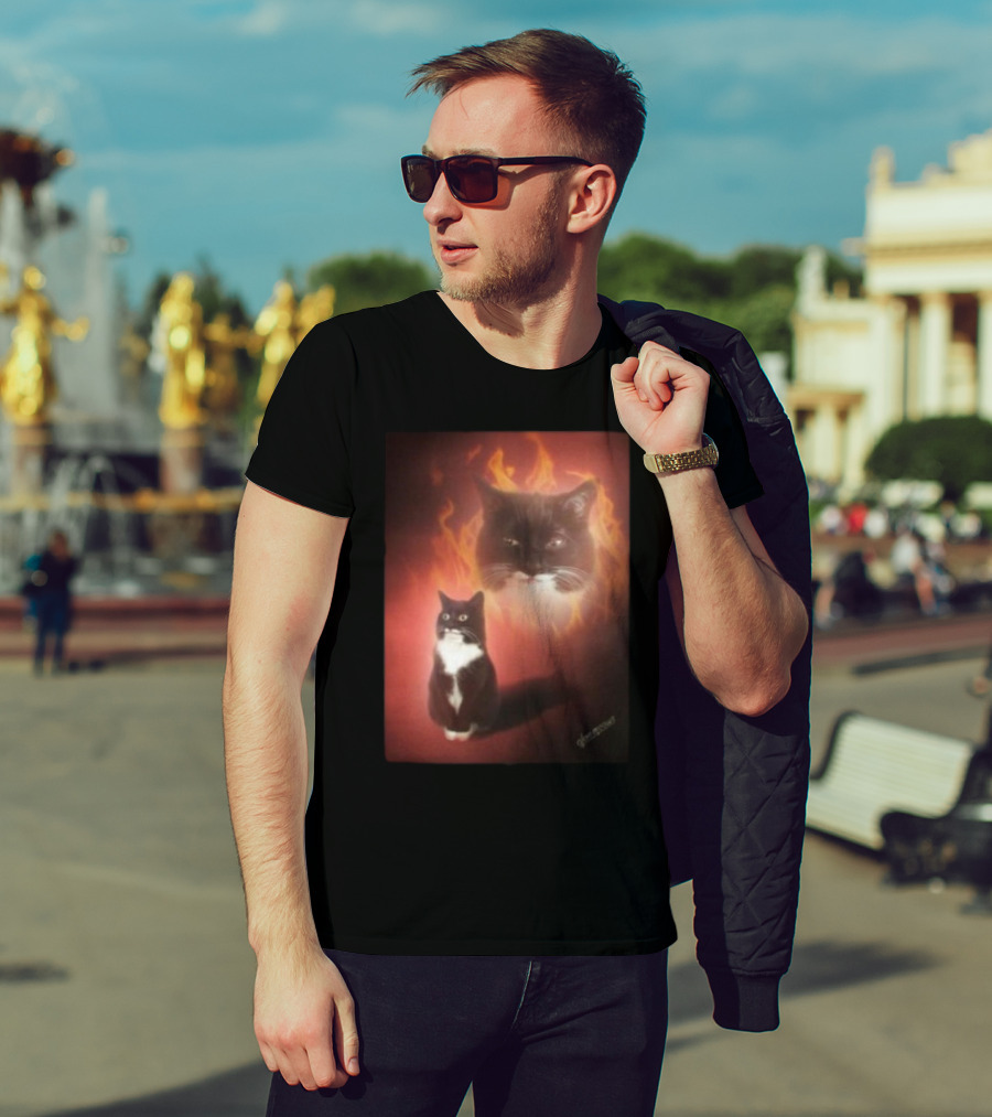 Olan Meows Black And White Cat Flames Retro Theme T-Shirt