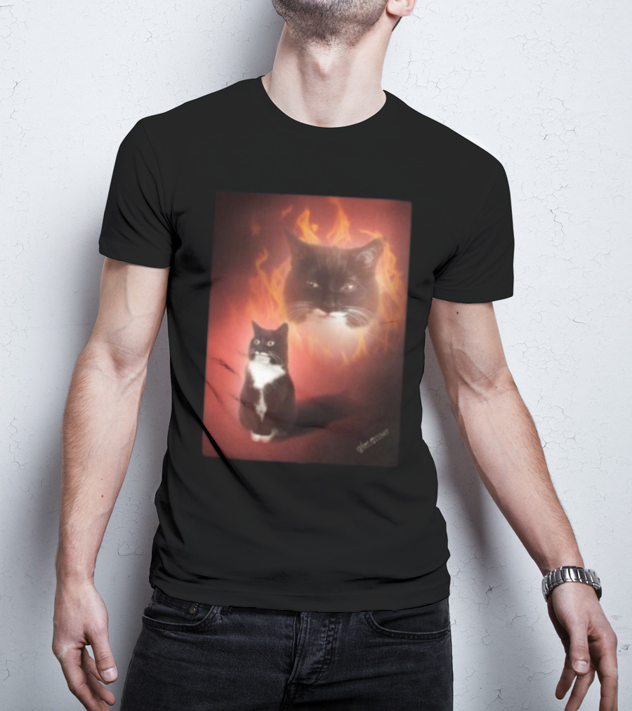 Olan Meows Black And White Cat Flames Retro Theme T-Shirt